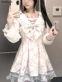 2025 Japanese Sweet Lolita Kawaii Dress Women Spring Printed Bow Fake Two Piece Dress Female Korea Style Design Party Clothing