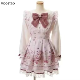 Japanese Kawaii Lolita Rhinestone Bow Dress Set Women Sweet Cartoon Print Lace Pearl Shirt Dress Gothic Y2k Tea Party Dresses