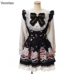 Japanese Kawaii Lolita Rhinestone Bow Dress Set Women Sweet Cartoon Print Lace Pearl Shirt Dress Gothic Y2k Tea Party Dresses