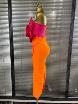 Orange Color Women Sexy Big Florals Shining Rhinestones Bodycon Long Bandage Dress Nightclub Party Bar Singer Show Stage Wear