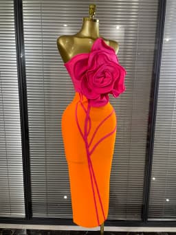 Orange Color Women Sexy Big Florals Shining Rhinestones Bodycon Long Bandage Dress Nightclub Party Bar Singer Show Stage Wear