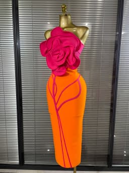 Orange Color Women Sexy Big Florals Shining Rhinestones Bodycon Long Bandage Dress Nightclub Party Bar Singer Show Stage Wear