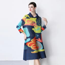 Miyake Pleated Drape Dress Women 2024 Spring Summer Colorblock Printing Lapel 3/4 Sleeve Single-breasted Fashion Shirt Dresses