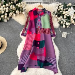 Miyake Pleated Drape Dress Women 2024 Spring Summer Colorblock Printing Lapel 3/4 Sleeve Single-breasted Fashion Shirt Dresses