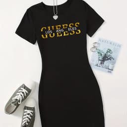 Summer Ladies GUEESS Los Angeles Printed Casual Sexy Slim Fit Hip hugging Short Sleeve Round Neck T-shirt Short Mini Skirt