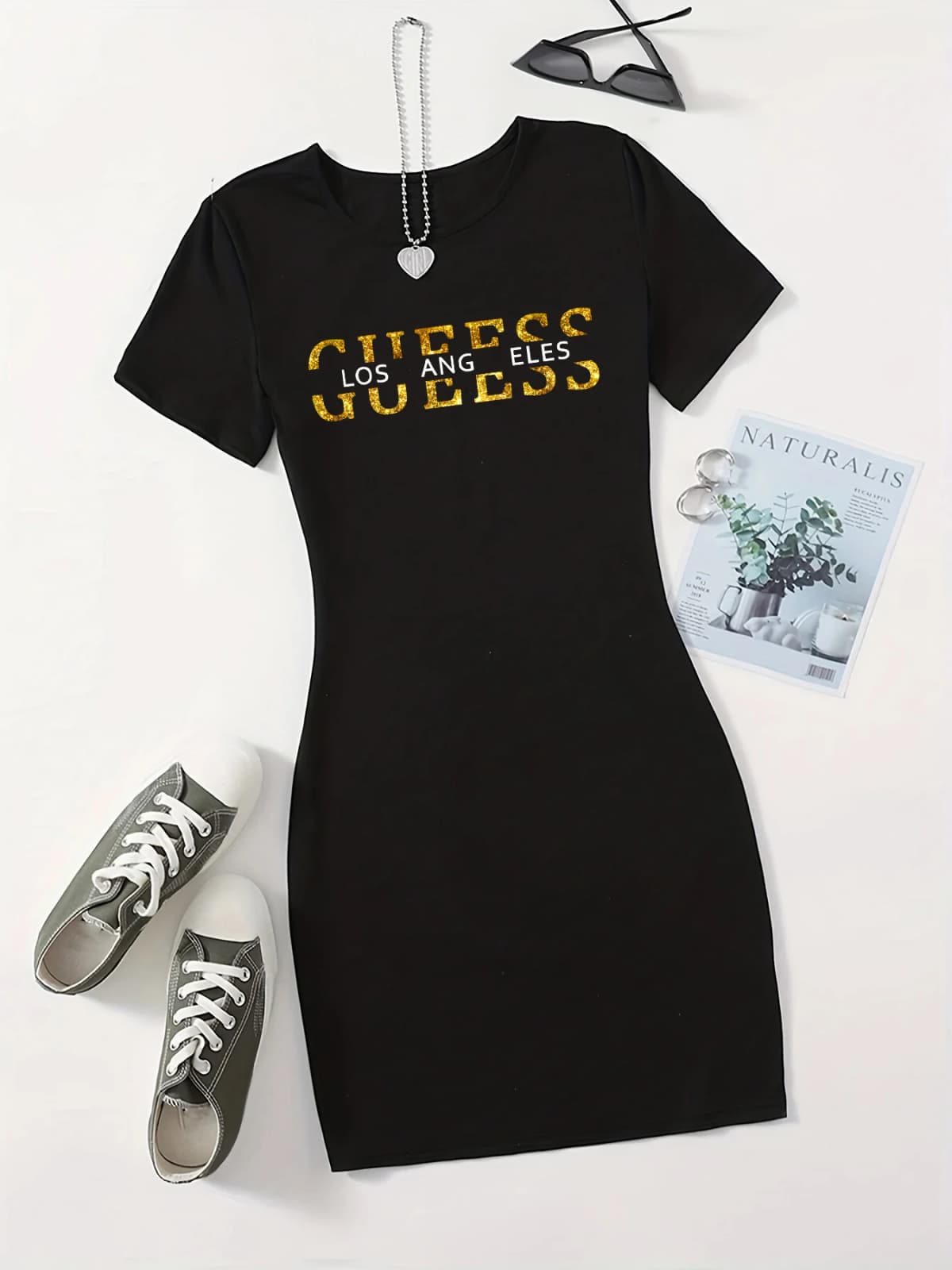 Summer Ladies GUEESS Los Angeles Printed Casual Sexy Slim Fit Hip hugging Short Sleeve Round Neck T-shirt Short Mini Skirt