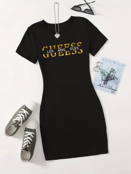 Summer Ladies GUEESS Los Angeles Printed Casual Sexy Slim Fit Hip hugging Short Sleeve Round Neck T-shirt Short Mini Skirt