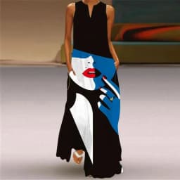 Summer Outdoor Street Fashion Women's Long Dress New Abstract Art Print Dress Sleeveless Vest V-Neck Fashion Women's Party Dress