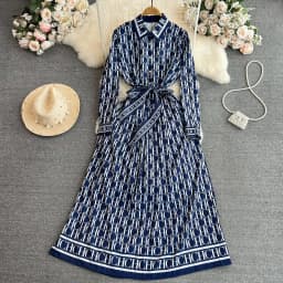 Elegant A-Line Printed Shirt Dress Long Sleeve Turn-down Collar Slimming Waist High Waist Korean Style Spring Autumn Dress