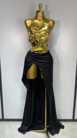 2025 New Arrival Women Gold Color Sexy Laced-up Tops 2 Pieces Set Long Dress Celebrate Evening Party Celebrity Elegant Dress