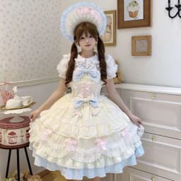 Y2K Sweet Lolita Jks Strap Dress Women Solid Ruffle Lace Bow Patchwork Kawaii Princess Ball Gown Knee-Length Elegant Party