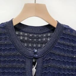 Women Diamond Embellished Sparkling Knitted Dress Hollow Out Elegant Female O-Neck Navy Blue Single Breasted Knit Midi Robe
