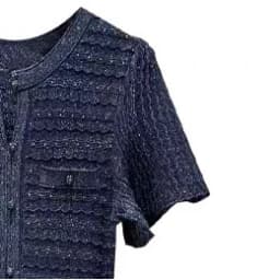 Women Diamond Embellished Sparkling Knitted Dress Hollow Out Elegant Female O-Neck Navy Blue Single Breasted Knit Midi Robe