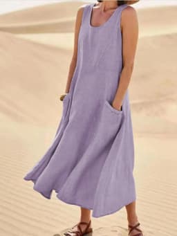 Women Coton Linen Sundress Summer Female Sleeveless Double Big Pocket Loose Sand Beachwear Long Dress Oversized S-5XL LRFZ-818