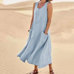Women Coton Linen Sundress Summer Female Sleeveless Double Big Pocket Loose Sand Beachwear Long Dress Oversized S-5XL LRFZ-818