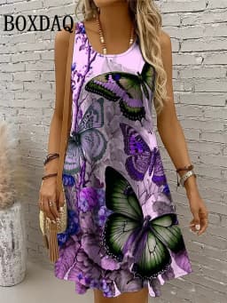 Dresses For Women 2025 Women Vacation Beach Summer Vest Butterfly Flowers Loose Dress Sundress Casual 3D Print Sleeveless Dress