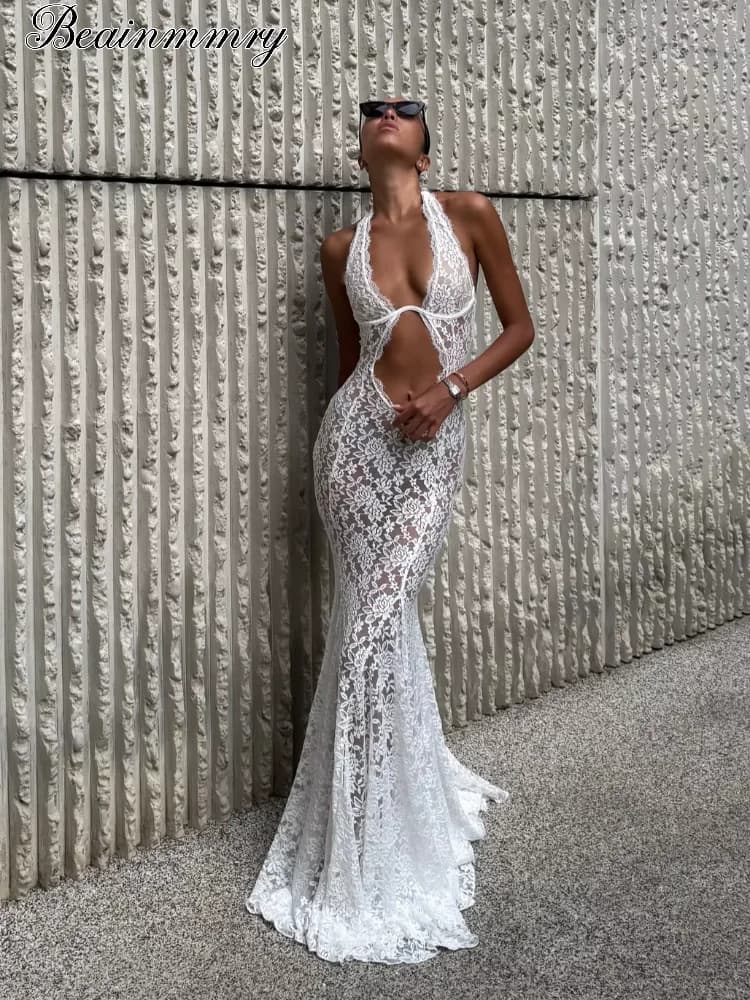 White Lace Hollow-out Halter Dress Women Sexy Sleeveless Off-shoulder Backless Maxi Vestidos 2026 Lady Vacation Beach Gowns 2026