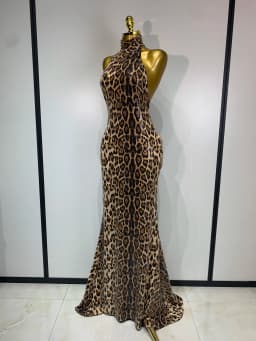 Women Sexy Sleeveless Halter Backless Leopard Sequin Mermaid Maxi Long Dress Bodycon Evening Party Celebrity Elegant Dress