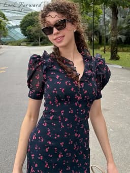 Floral Puff Sleeves Maxi Dresses Women's Slim Waist-cinching Hip-wrap V-neck Dress 2026 New Ladies Summer Vacation Outwear