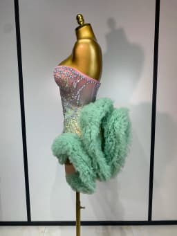 Women Sexy Strapless Backless Green Diamonds Mesh Dress Birthday Party Costume Bar Nightclub Singer Stage Performance Outfit
