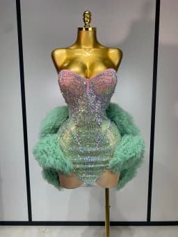 Women Sexy Strapless Backless Green Diamonds Mesh Dress Birthday Party Costume Bar Nightclub Singer Stage Performance Outfit