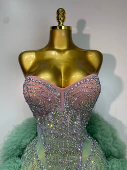 Women Sexy Strapless Backless Green Diamonds Mesh Dress Birthday Party Costume Bar Nightclub Singer Stage Performance Outfit