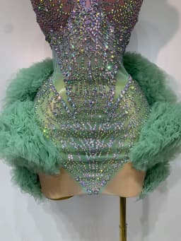Women Sexy Strapless Backless Green Diamonds Mesh Dress Birthday Party Costume Bar Nightclub Singer Stage Performance Outfit