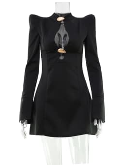 CNYISHE Metal Buckle Hollow Out Women Dresses Autum Fashion Solid O Neck Sheath Long Sleeve Sexy Club Female Bodycon Chic Robes