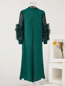 LANMREM Maxi Pleated Dress Round Neck Spliced Fungus Full Sleeve Dresses For Women 2025 New Spring Clothing 2Qa1331