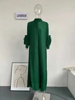 LANMREM Maxi Pleated Dress Round Neck Spliced Fungus Full Sleeve Dresses For Women 2025 New Spring Clothing 2Qa1331