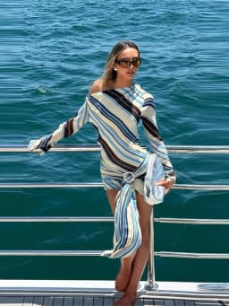 Holiday Women's Dress Skew Collar Full Sleeve Stripe Print Female Short Dresses 2026 Spring New Vacation Beach Fashion Lady Robe