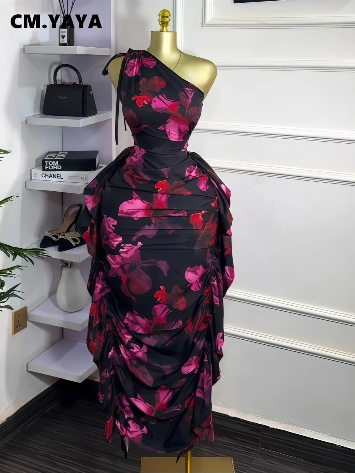 CM.YAYA Women Floral Printed One Shoulder Sleeveless Stacked Ruched Bodycon Midi Maxi Long Dress 2025 Sexy Party Evening Dresses