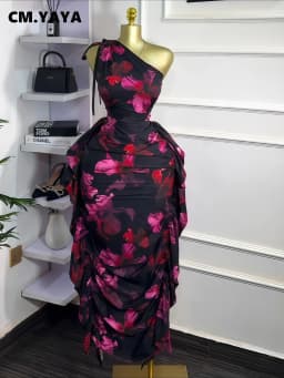 CM.YAYA Women Floral Printed One Shoulder Sleeveless Stacked Ruched Bodycon Midi Maxi Long Dress 2025 Sexy Party Evening Dresses