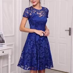 Sexy Women Floral Lace Dress Round Neck Short Sleeve Vintage Lace A-line Dress Patchwork Slim Pleated Swing Cocktail Party Dress