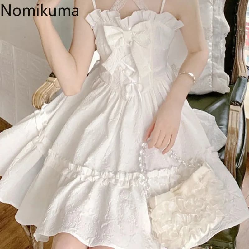 2025 Vestidos De Mujer Cute Summer Dresses for Women Lolita Style Japanese Sweet Robe Femme Bandage Bow Ruffles White Dress