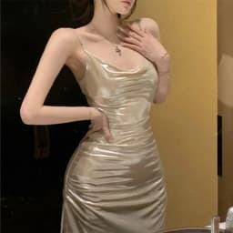 Elegant Shiny Halter Neck Ruched Mini Dress Women's Vintage Style Bodycon Skirt Short Skirt New Summer Fashion