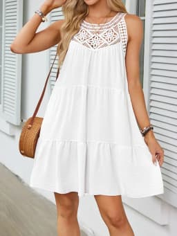 Women Summer Beach Mini Dresses Halter Sleeveless Sexy Loose A-Line Hollow Out Lace White Bohemia Dress Pleated Solid Sundress