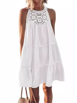 Women Summer Beach Mini Dresses Halter Sleeveless Sexy Loose A-Line Hollow Out Lace White Bohemia Dress Pleated Solid Sundress