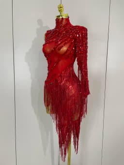 STOCK Sparkly Rhinestones Tassel Sexy See-Through Dress Women One Shoulder Latin Dance Outfits Bar Nightclub Party Stage Costume