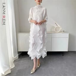 LANMREM Pleated Long Dress For Women Elastic Loose Irregular Pleated Stand Collar Pullover Famale Clothing Half Sleeve 2DB4256