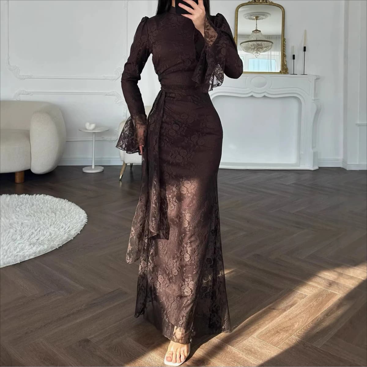 Women Lace Fitted Dresses Solid Evening Dress H Line Ankle Lenth Bell Sleeve Waist Cinch Slim Fit Party Sexy Elegant 2026 Summer