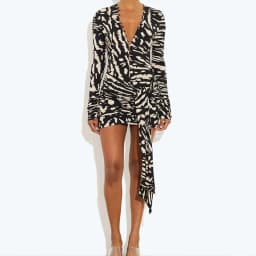 Sexy Black Print Wrap Mini Dress Women Long Sleeve Deep V Neck Button Tie Waist Trendy Bodycon Party Gown Chic Evening Clubwear