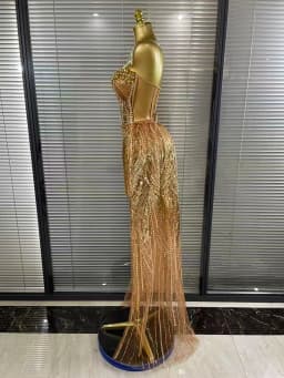 Women Sexy Strapless Mesh Crystal Maxi Dress See Through Party Singer Maxi Dress Stage Performance Costume