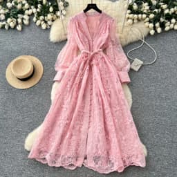 Spring Autumn French High-end Women's Dress New Lace Embroidery V-neck Lantern Sleeves Single Breasted Party Birthday Dress C192