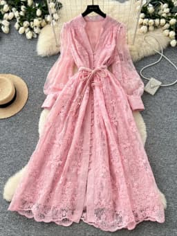 Spring Autumn French High-end Women's Dress New Lace Embroidery V-neck Lantern Sleeves Single Breasted Party Birthday Dress C192