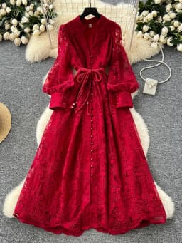 Spring Autumn French High-end Women's Dress New Lace Embroidery V-neck Lantern Sleeves Single Breasted Party Birthday Dress C192
