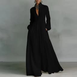 French Elegant High Waist Swing Long Dress Woman Spring Solid Pockets Pleated Maxi Dress Autumn Long Sleeve Button Evening Dress