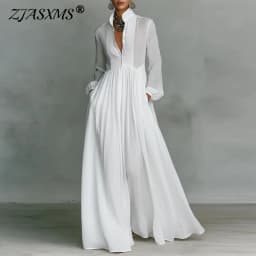 French Elegant High Waist Swing Long Dress Woman Spring Solid Pockets Pleated Maxi Dress Autumn Long Sleeve Button Evening Dress