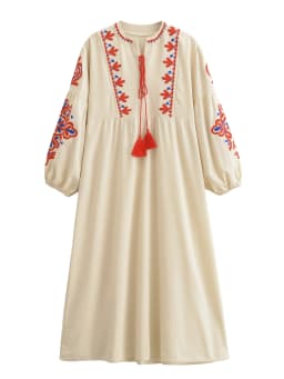 Vintage Chic Women Floral Emberoidery O-neck Lantern Sleeve Beach Bohemian Maxi Dresses Ladies Summer  Boho Dress Vestidos