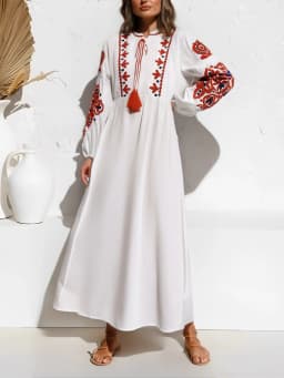 Vintage Chic Women Floral Emberoidery O-neck Lantern Sleeve Beach Bohemian Maxi Dresses Ladies Summer  Boho Dress Vestidos